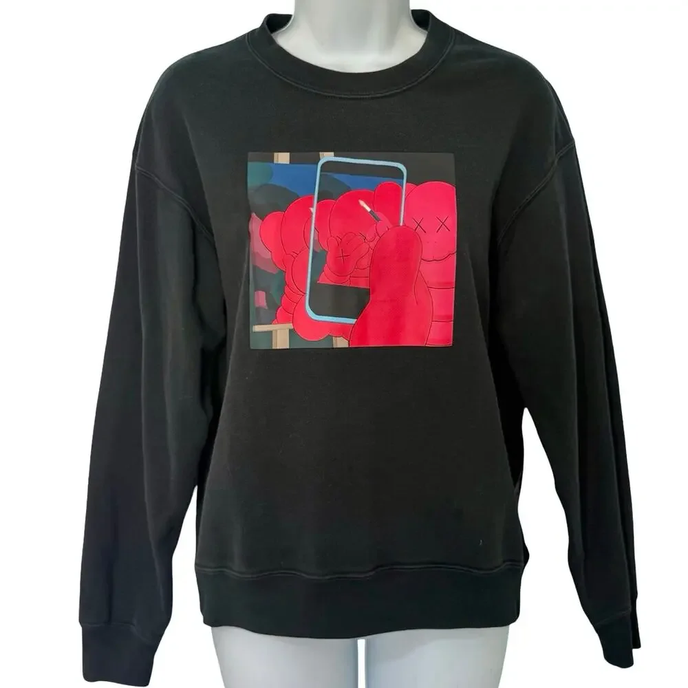 Uniqlo Kaws Andy Warhol Black Red Graphic Embroidered Crew Neck Sweatshirt sz XS